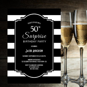 Black and White Striped Surprise 50th Birthday Invitation