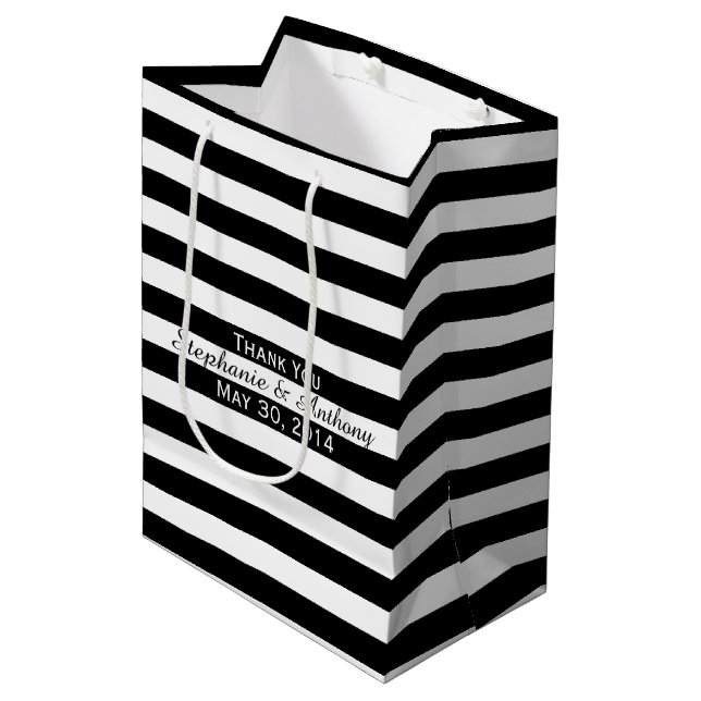 Black and White Striped Wedding Medium Gift Bag (Front Angled)