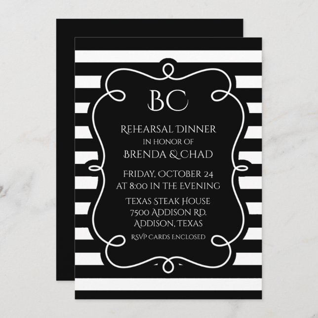 Black and White Striped Wedding Rehearsal Dinner Invitation (Front/Back)