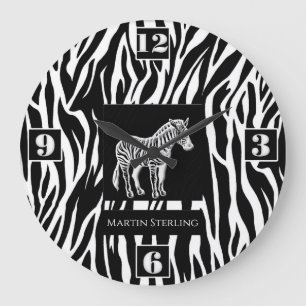 Black and White Striped Zebra Jungle Theme Large Clock