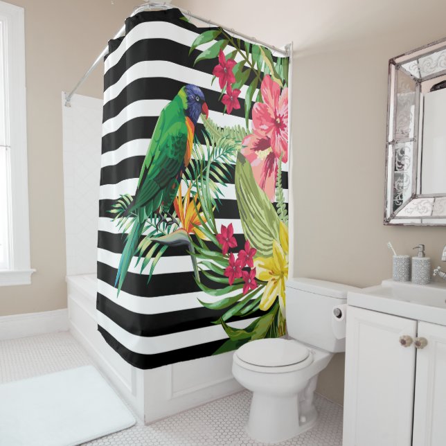 Black And White Stripes And Flowers And Parrot Shower Curtain (In Situ)