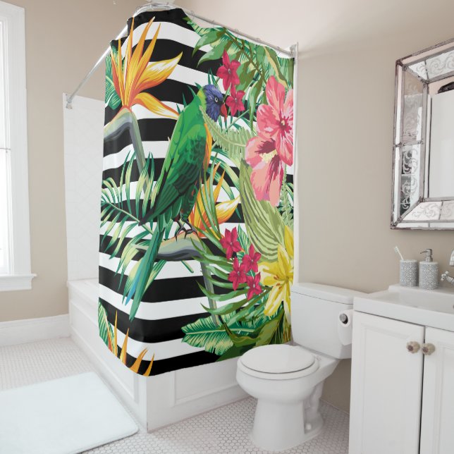Black And White Stripes And Flowers And Parrot Shower Curtain (In Situ)