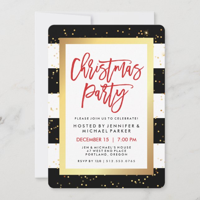 Black and White Stripes and Gold | Christmas Party Invitation (Front)