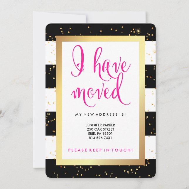 Black and White Stripes and Gold | I Have Moved Announcement (Front)