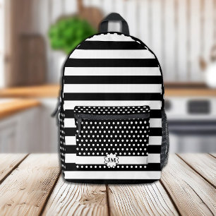 Black and White Stripes and Polka Dots w Monogram Printed Backpack