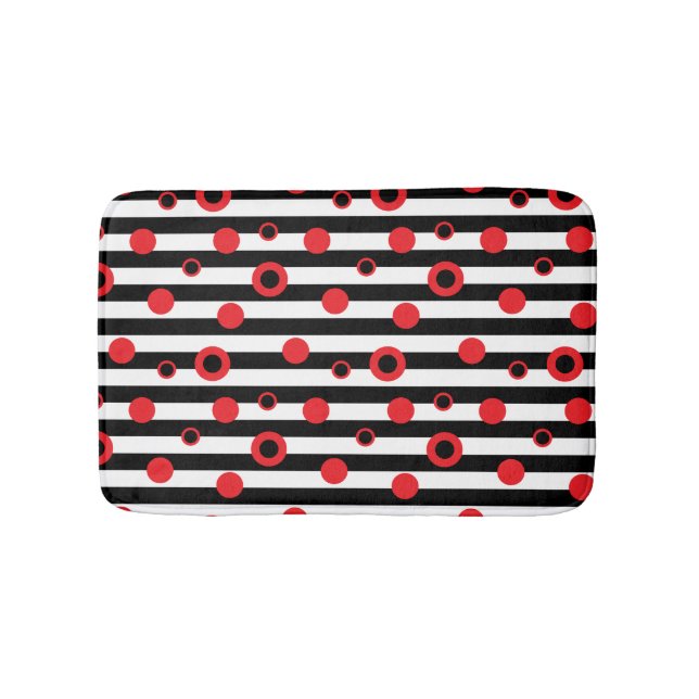Black and white stripes and red circles pattern bath mat (Front)