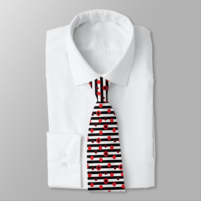 Black-and-white stripes and red circles pattern tie (Tied)
