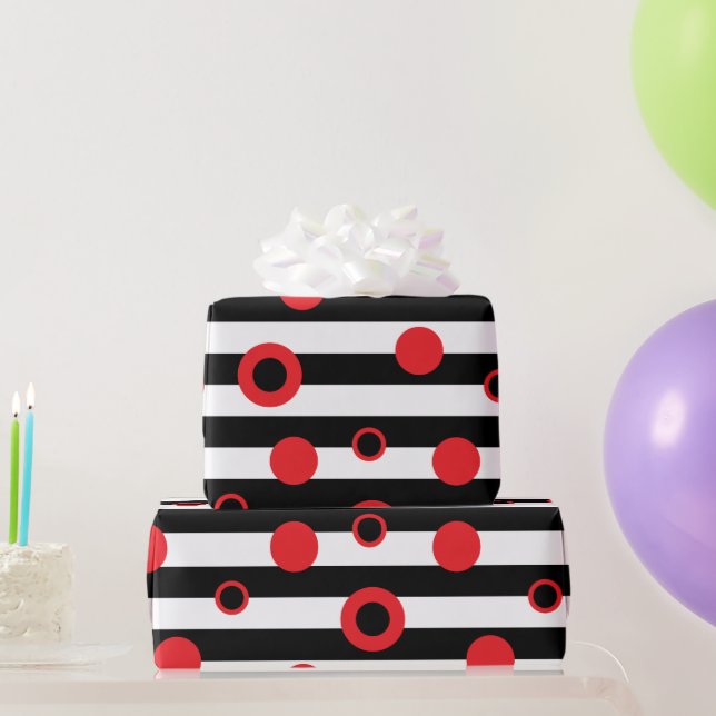 Black and white stripes and red circles pattern wrapping paper (Party Gifts)