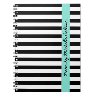 Black and white stripes aqua personalised name spiral notebook