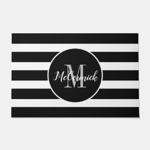Black And White Stripes Family Monogram Name Doormat