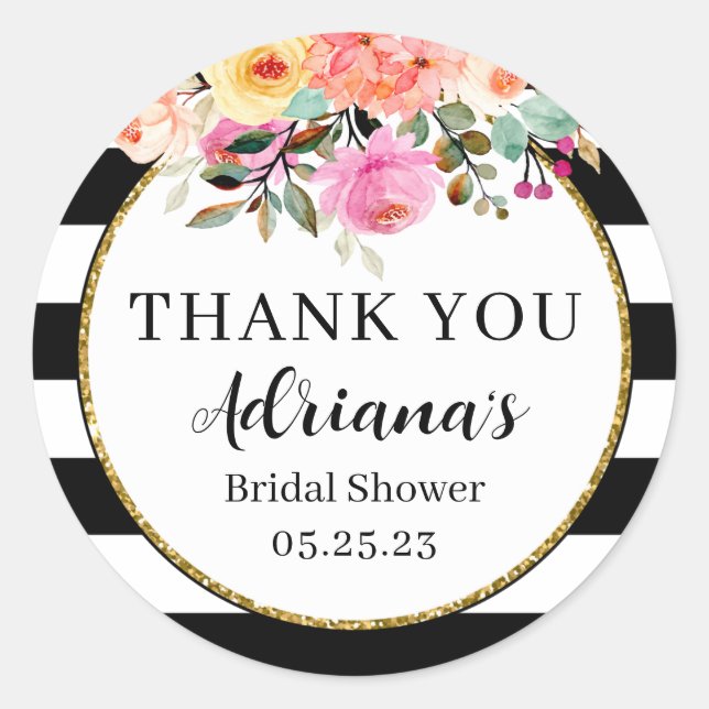 Black and White Stripes Floral favor Classic Round Sticker (Front)