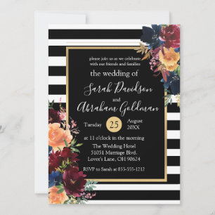 Black and White Stripes Flowers Red Navy Wedding  Invitation
