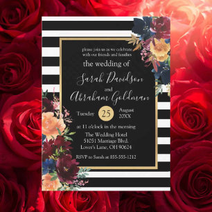 Black and White Stripes Flowers Red Navy Wedding Invitation