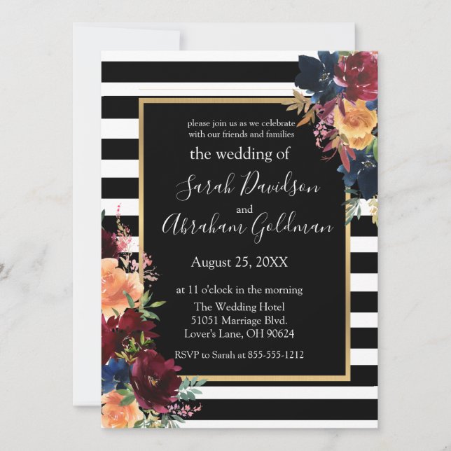 Black and White Stripes Flowers Red Navy Wedding   Invitation (Front)