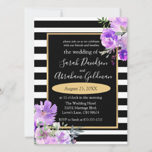 Black and White Stripes Flowers Roses Wedding  Inv Invitation