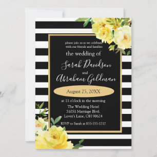 Black and White Stripes Flowers Roses Wedding  Inv Invitation