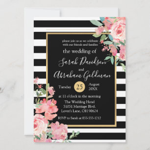 Black and White Stripes Flowers Roses Wedding Invitation