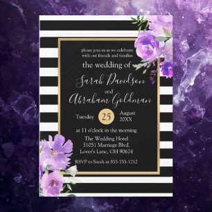 Black and White Stripes Flowers Roses Wedding Invitation