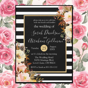 Black and White Stripes Flowers Roses Wedding Invitation