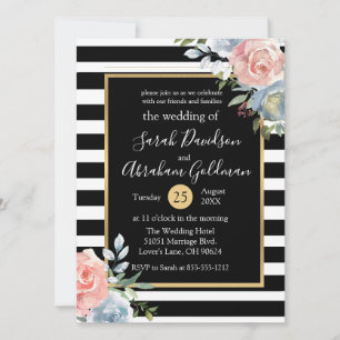 Black and White Stripes Flowers Roses Wedding  Invitation