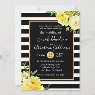 Black and White Stripes Flowers Roses Wedding  Invitation