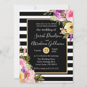 Black and White Stripes Flowers Roses Wedding  Invitation