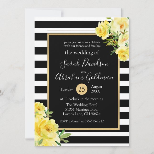 Black and White Stripes Flowers Roses Wedding  Invitation (Front)