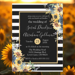 Black and White Stripes Flowers Sunflowers Wedding Invitation