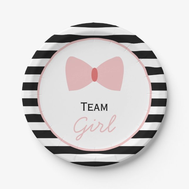 Black and white Stripes Gender Reveal  Bow Paper Plate (Front)