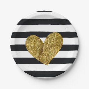 Black and White Stripes Gold Heart Paper Plate