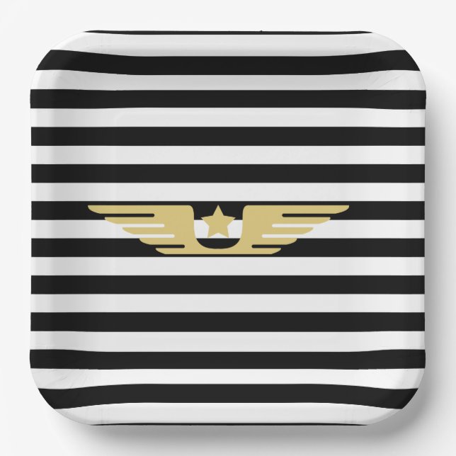 Black and white stripes & gold pilot wings  paper plate (Front)