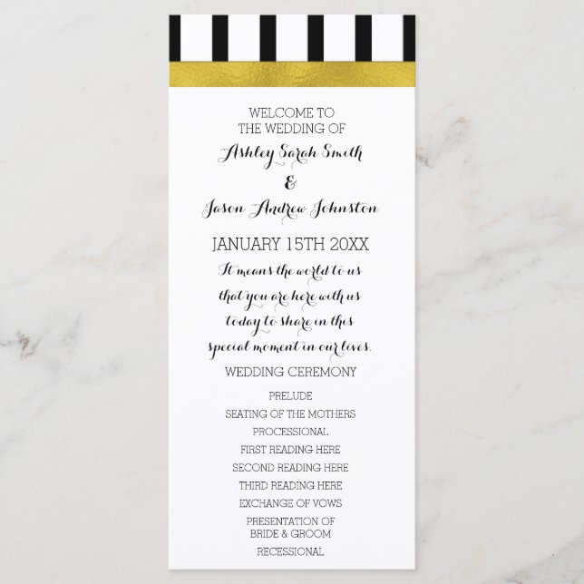 Black and White Stripes Gold Wedding Program Programme (Front)