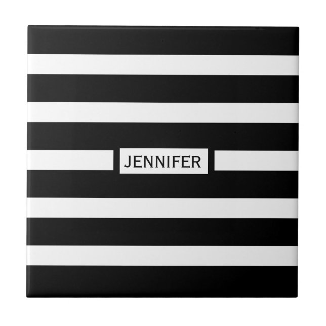 Black And White Stripes Modern Geometric Pattern Tile (Front)