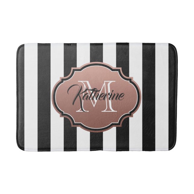 Black and White Stripes Monogram Bath Mat (Front)