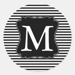 Black and White Stripes Monogram Classic Round Sticker