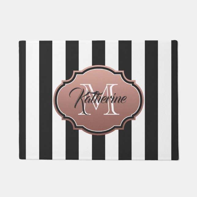 Black and White Stripes Monogram Doormat (Front)