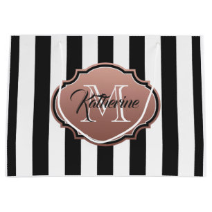 Black and White Stripes Monogram Large Gift Bag