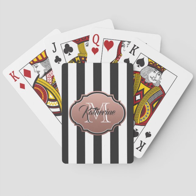 Black and White Stripes Monogram Playing Cards (Back)