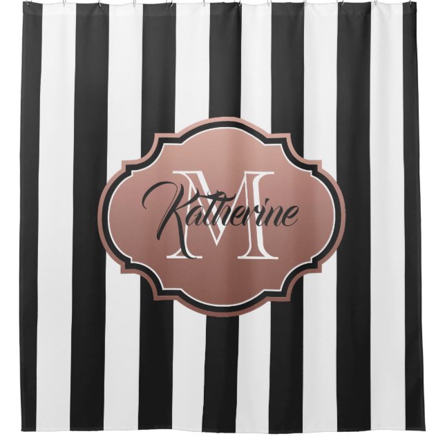Black and White Stripes Monogram Shower Curtain (Front)