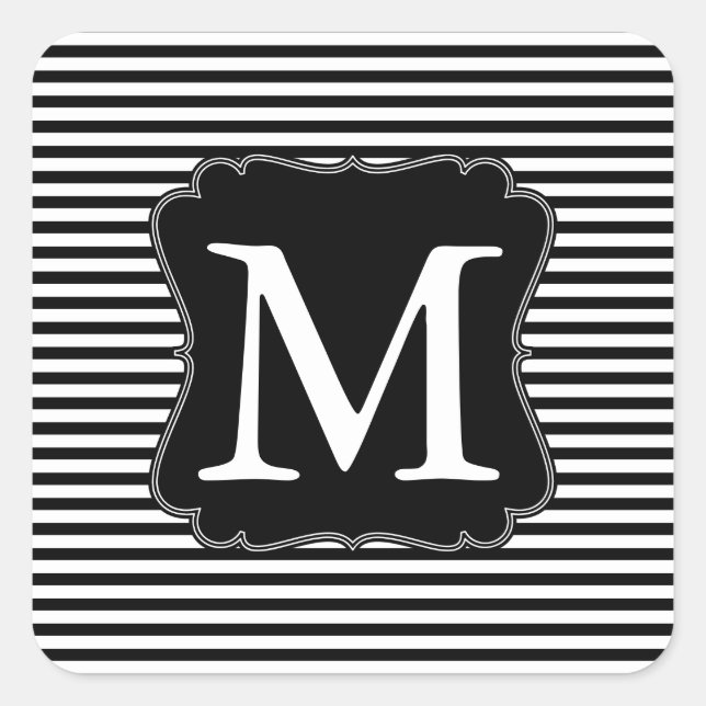 Black and White Stripes Monogram Square Sticker (Front)