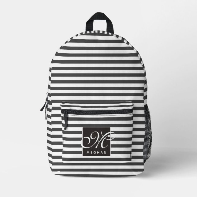 Black and White Stripes - Monogrammed Printed Backpack (Front)