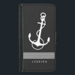 Black And White Stripes & Nautical Boat Anchor Samsung Galaxy S5 Wallet Case<br><div class="desc">White nautical boat anchor with decorative white stripes and customisable monogram,  over black background. If you need any help customising any of my designs,  contact ArtOnWear designer. Free text formatting with live help available by request.</div>