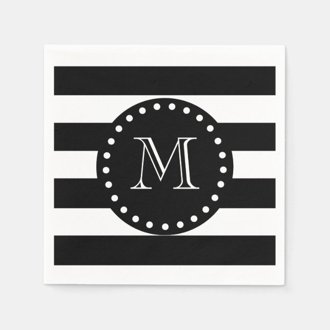 Black and White Stripes Pattern, Black Monogram Napkin (Front)