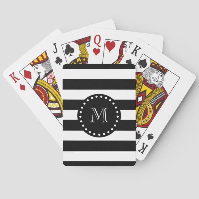Black and White Stripes Pattern, Black Monogram Playing Cards (Back)