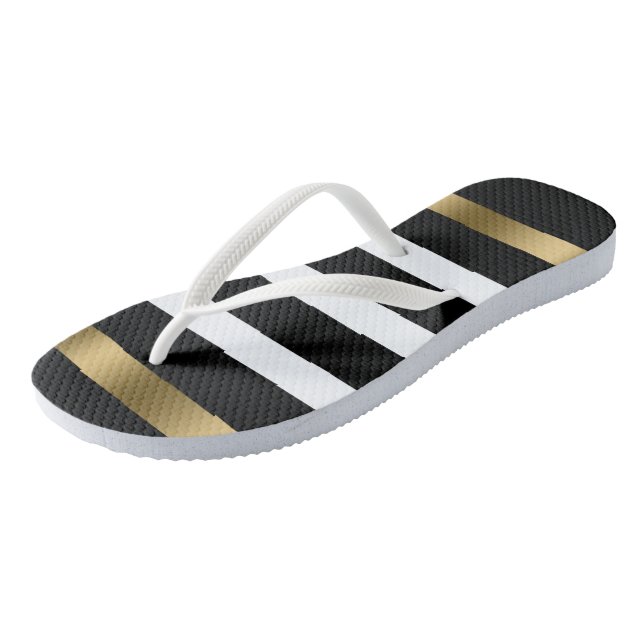 Black and white stripes pattern gold accents bath  jandals (Angled)