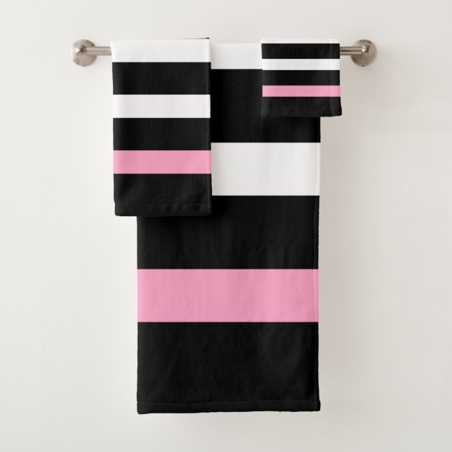 Black and white stripes pattern ink accents bath towel set (Insitu)