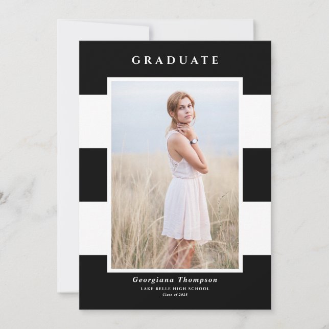 Black and White Stripes Pattern Photo Graduation Announcement (Front)