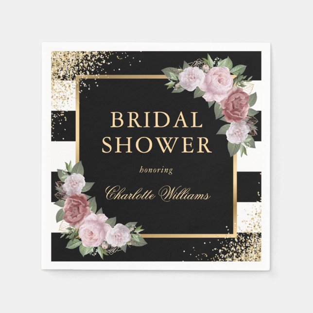 Black and White Stripes Pink Floral Bridal Shower Napkin (Front)