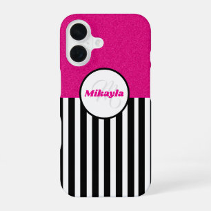 Black and White Stripes Pink Glitter Texture iPhone 16 Case