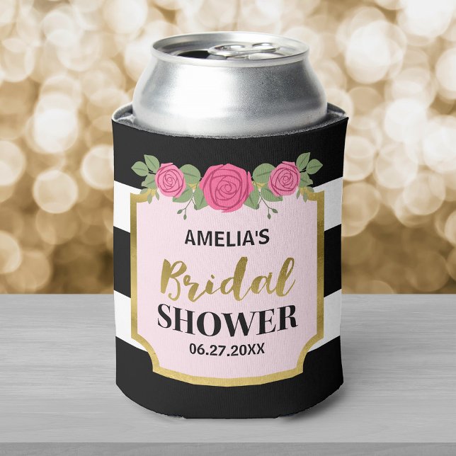 Black and White Stripes Pink Roses Bridal Shower Can Cooler (Creator Uploaded)